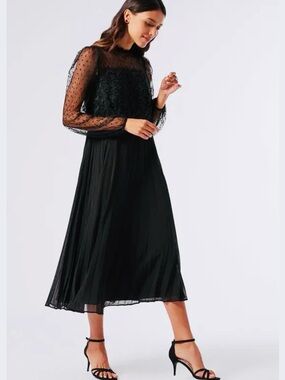 NEW Dorothy Perkins Lace Embroidered Pleated Skirt Longsleeve Max Dress …